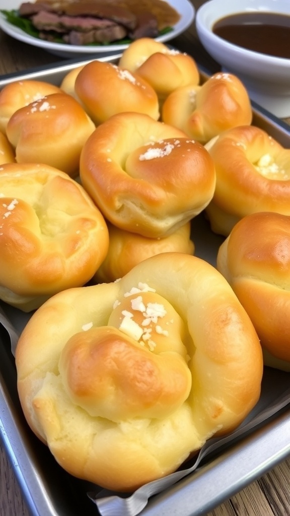 Parmesan Yorkshire Pudding Recipe A tray of golden Yorkshire puddings with parmesan, served alongside roast beef and gravy.